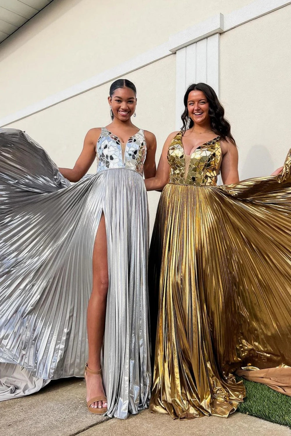 Sequined Deep V-Neck A-Line Prom Dress with Pleated Satin Skirt SH305 Sheer Fairy