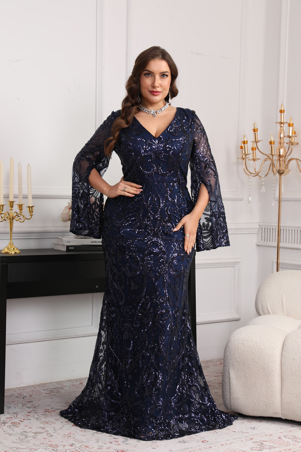 Sexy V Neck Mermaid Navy Blue Lace Mother of the Bride Dress Plus Size SF624 Sheer Fairy