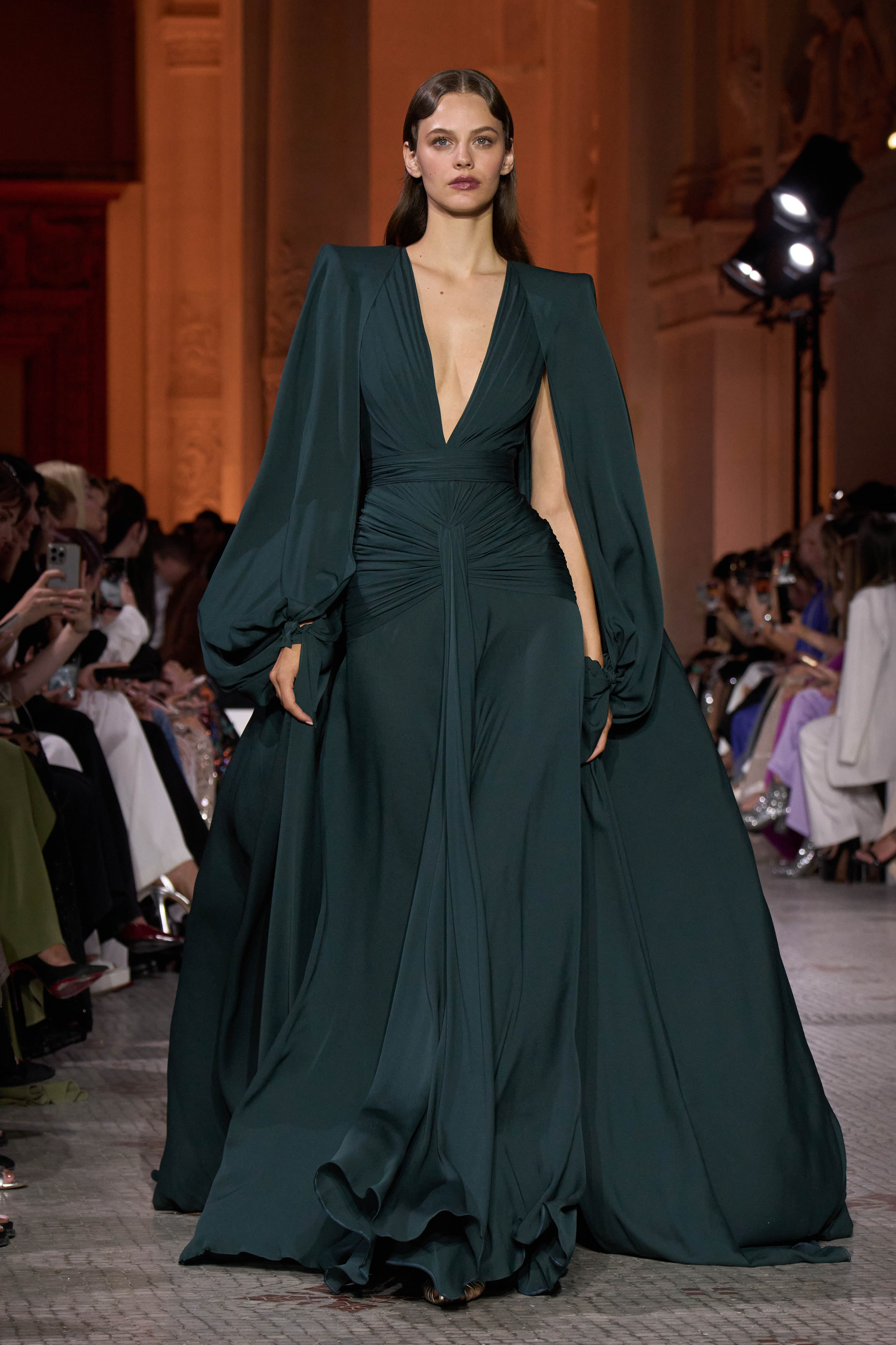 Emerald Satin V-Neck Teal Evening Dress with Long Cape Sleeve SF146