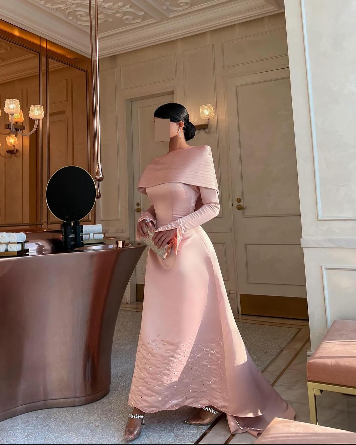 Pink Off-Shoulder Satin Beaded Sheath Evening Dress SF288