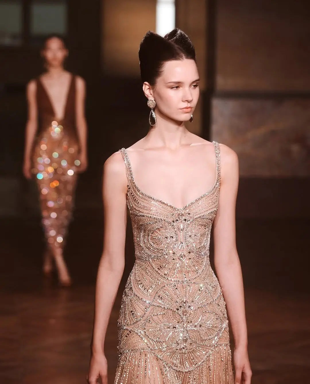 Champagne Luxury Beaded Tulle Floor Length Evening Dress SS552 Sheer Fairy
