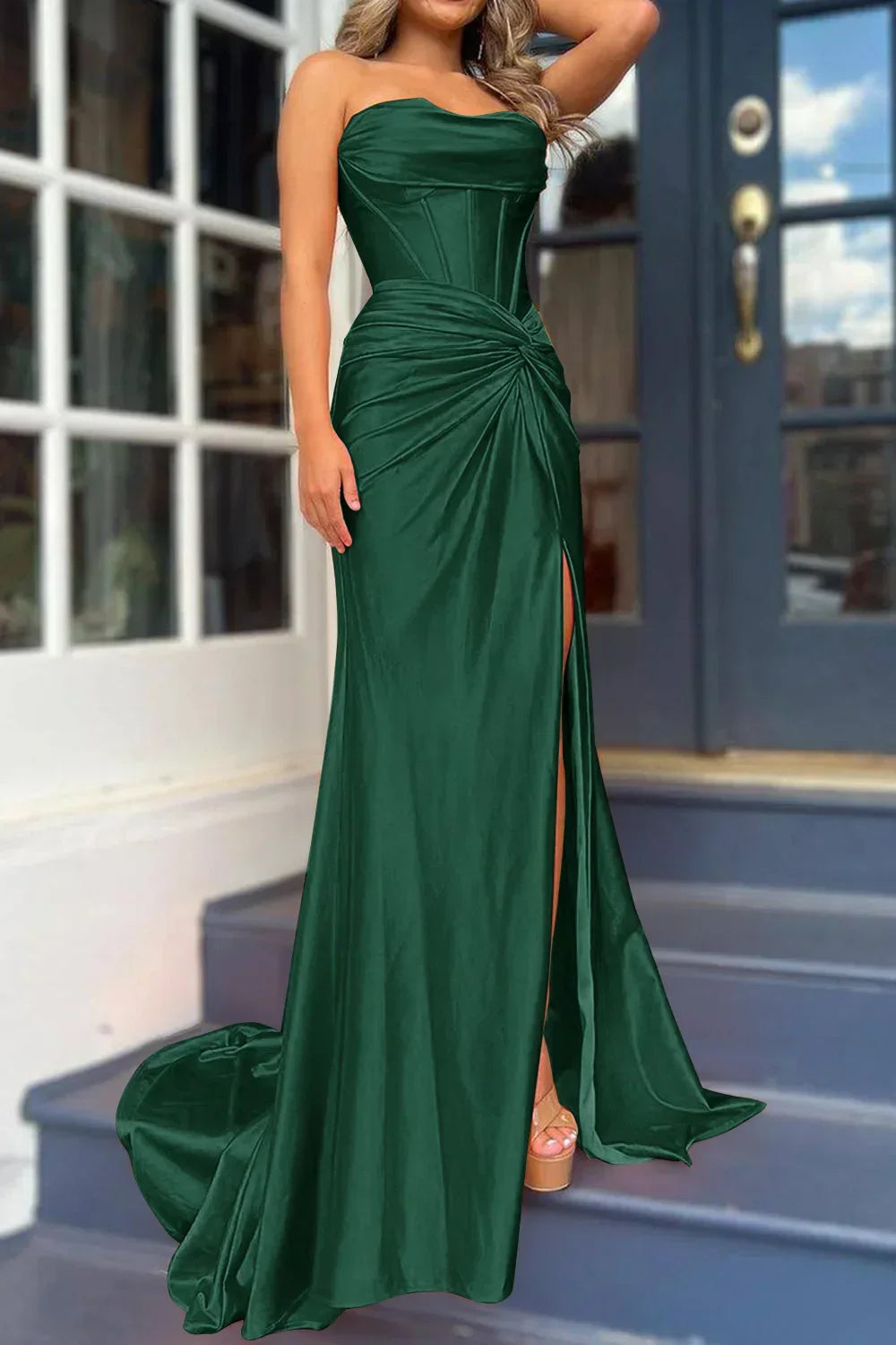 Elegant Strapless Mermaid Satin Long Prom Dress With Slit 2025 Long Girls Birthday Party Gowns