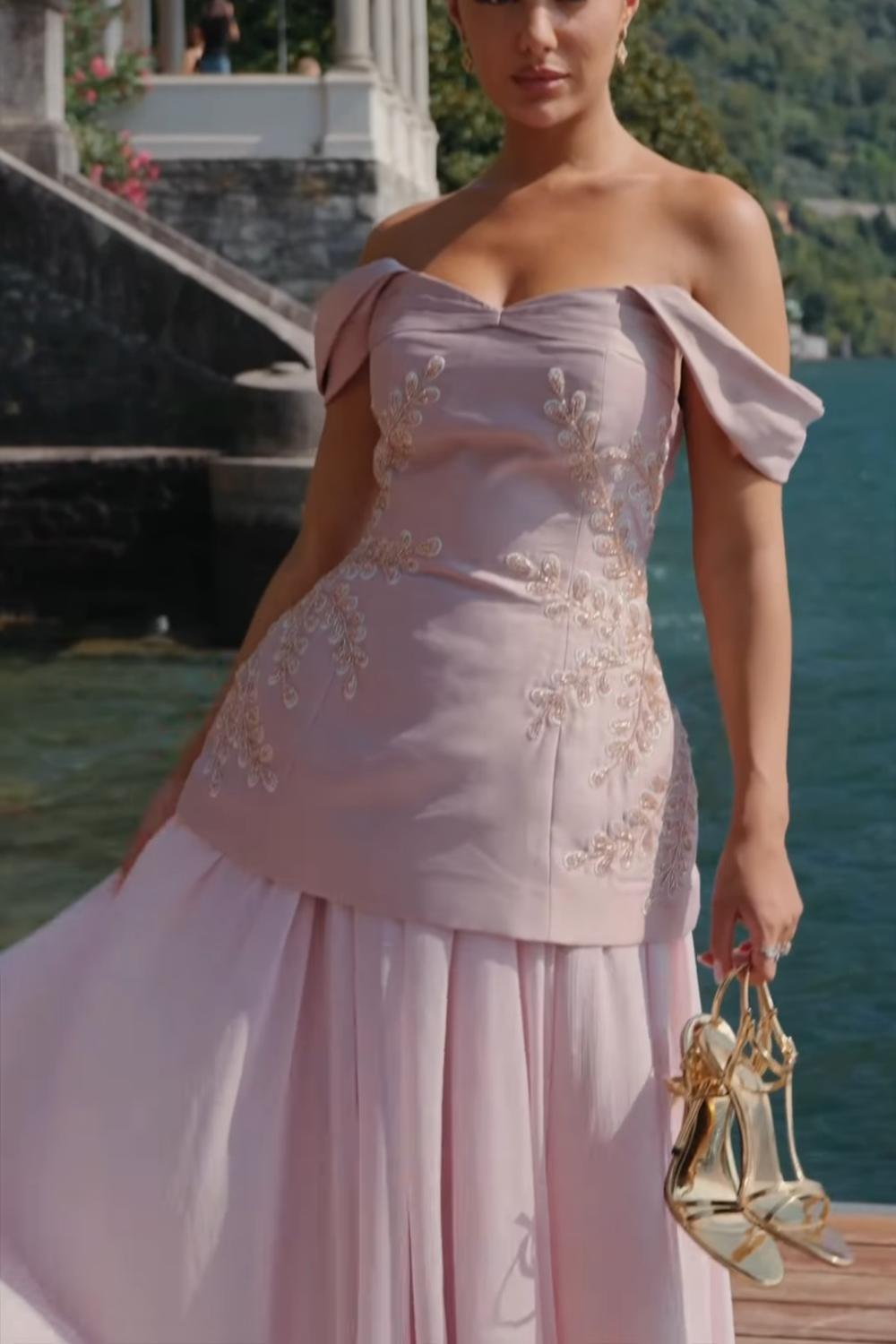 Blush Pink Off-the-Shoulder Beaded Floral Peplum Evening Dress SF502 Sheer Fairy