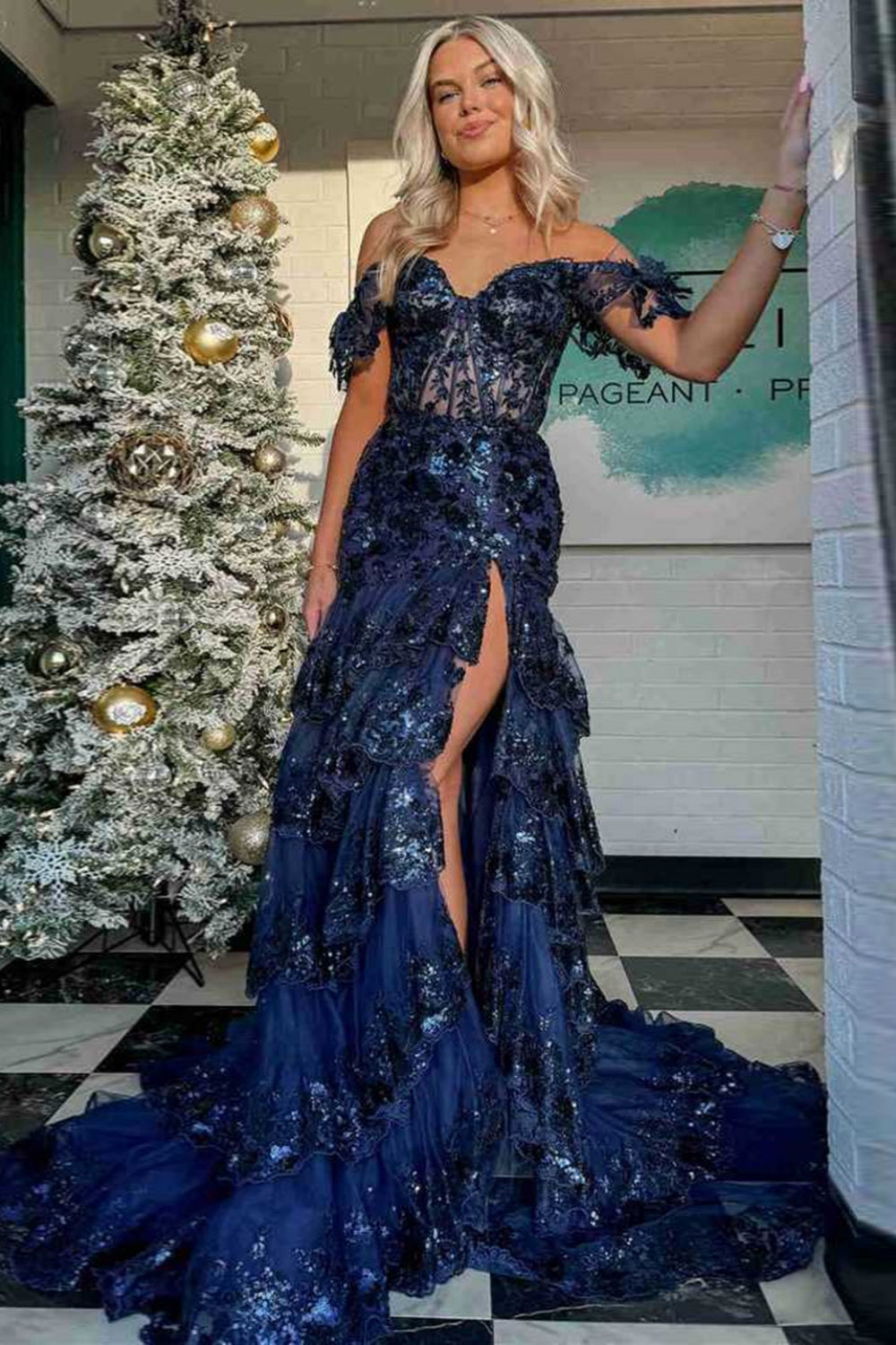 Off-Shoulder Ruffled Lace A-Line Prom Dress with High Slit and Sequins SH151 Sheer Fairy