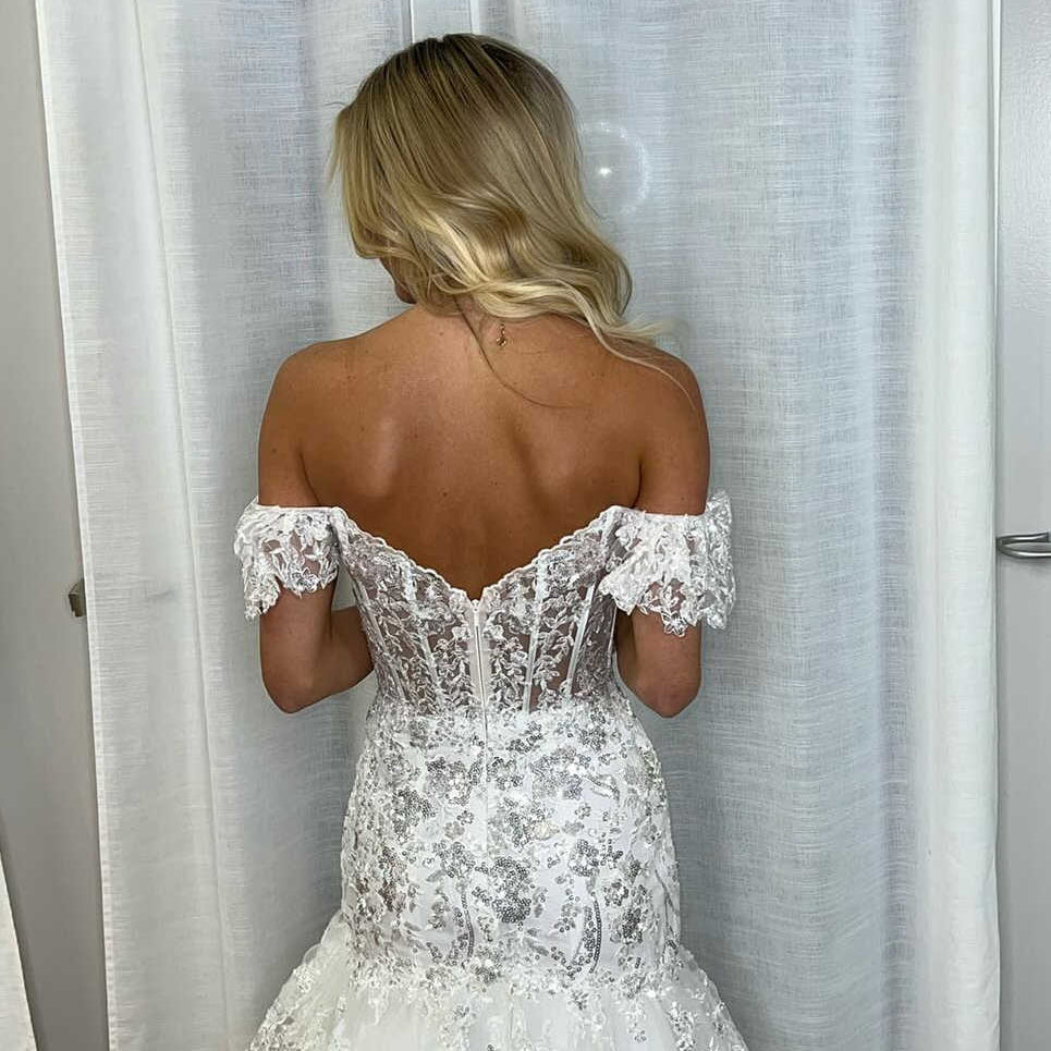 Off-Shoulder Ruffled Lace A-Line Evening Dress with High Slit and Sequins SH151 - SHEER FAIRY