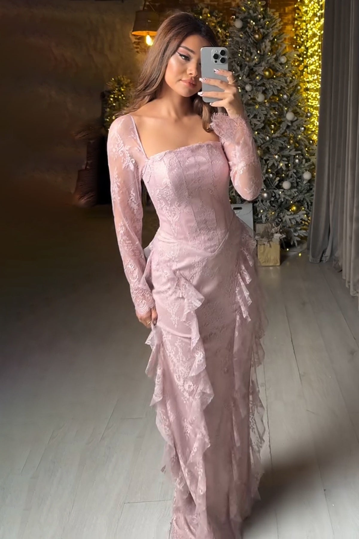 Blush Pink Lace Square Neck Long Sleeve Mermaid Evening Dress SF497 Sheer Fairy