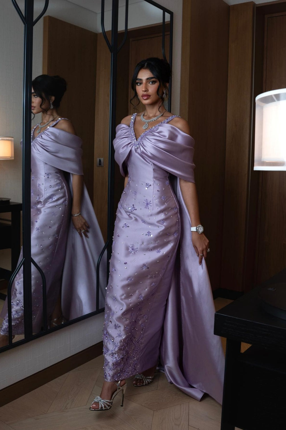 Luxury Lilac Beaded Off Shoulder Evening Dress with Cape SS341 Sheer Fairy