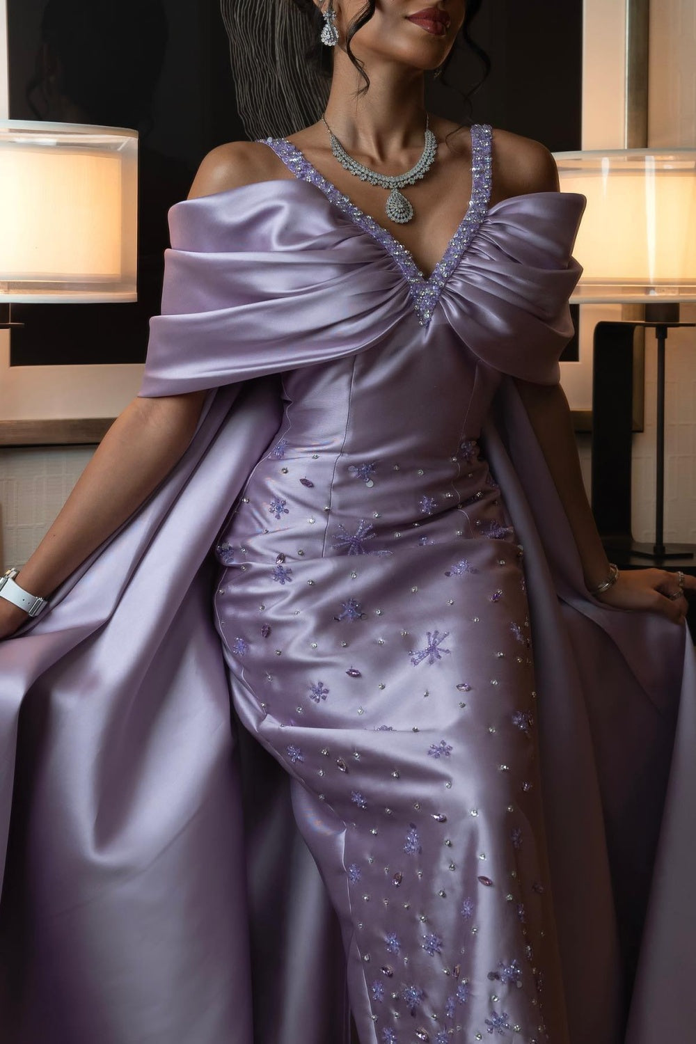 Luxury Lilac Beaded Off Shoulder Evening Dress with Cape SS341 Sheer Fairy
