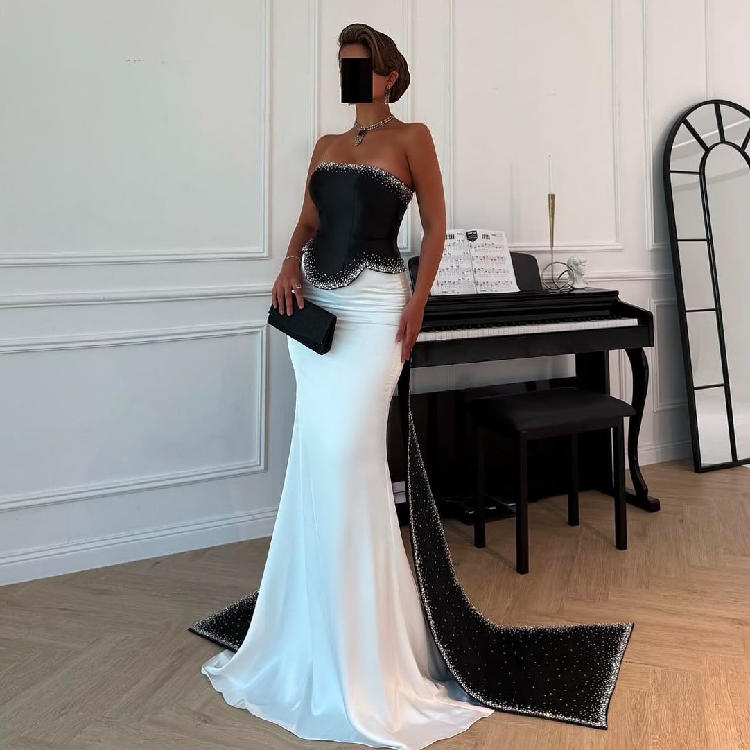 Black and White Beaded Strapless Mermaid Evening Dress SF308