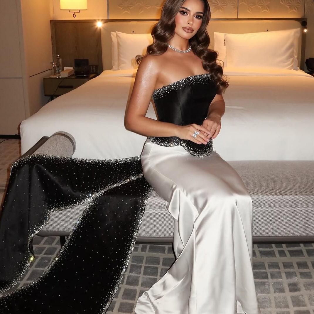 Black and White Beaded Strapless Mermaid Evening Dress SF308