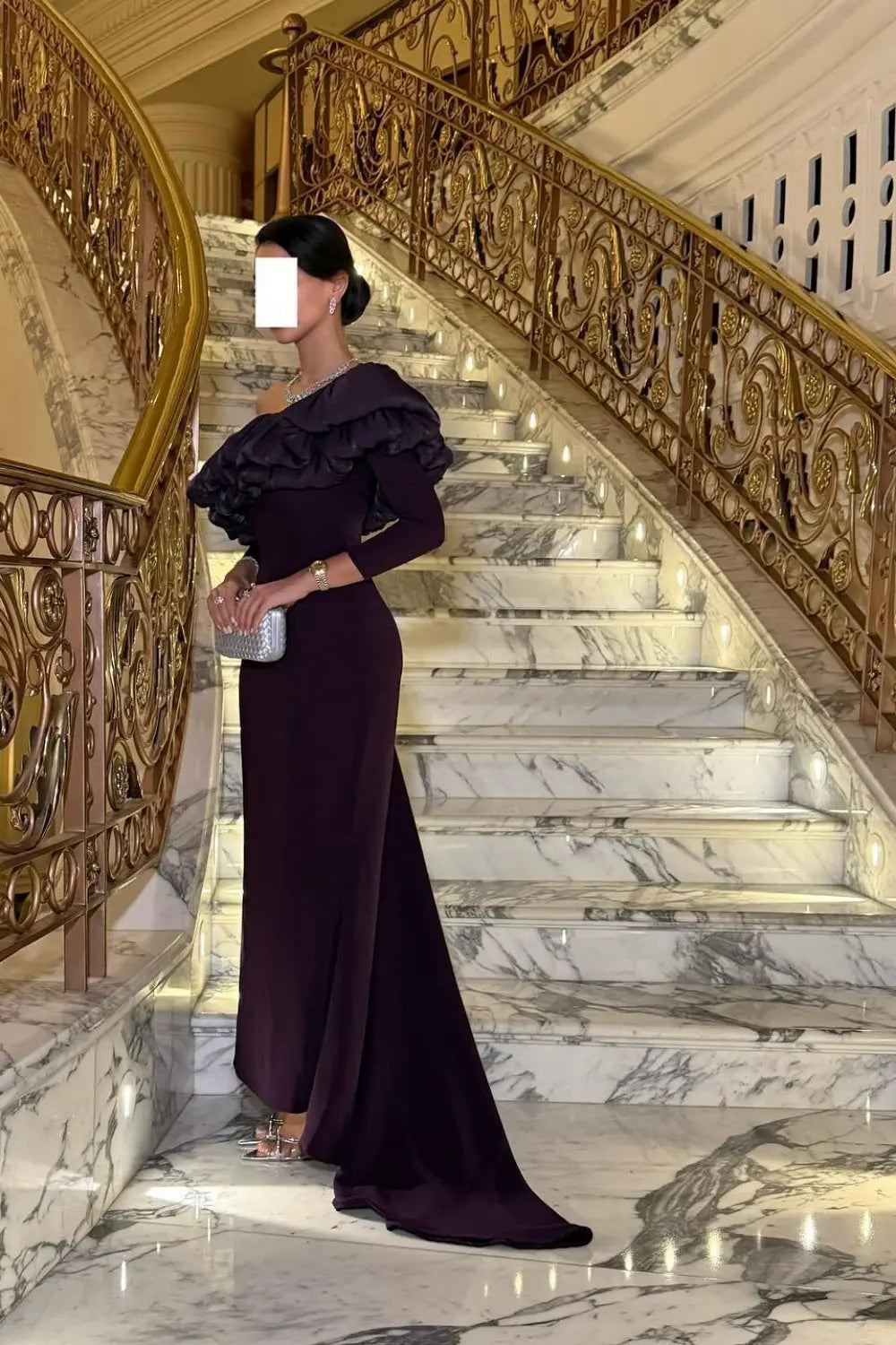 Purple Ruffled Satin One-Shoulder Sheath Evening Dress SF323 Sheer Fairy