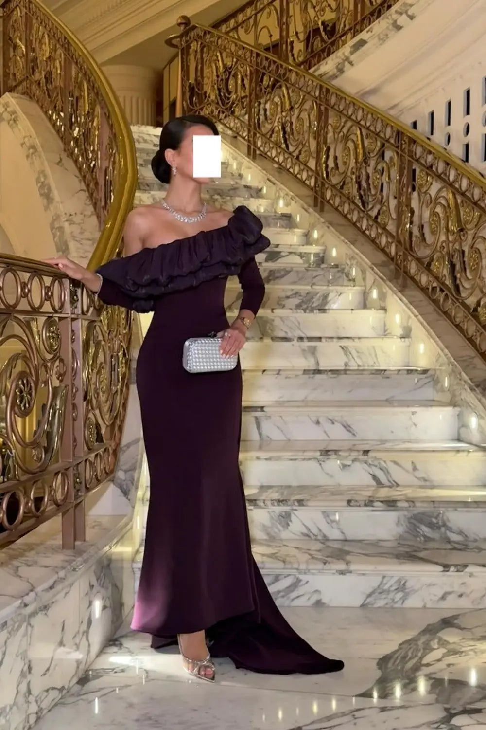 Purple Ruffled Satin One-Shoulder Sheath Evening Dress SF323 Sheer Fairy