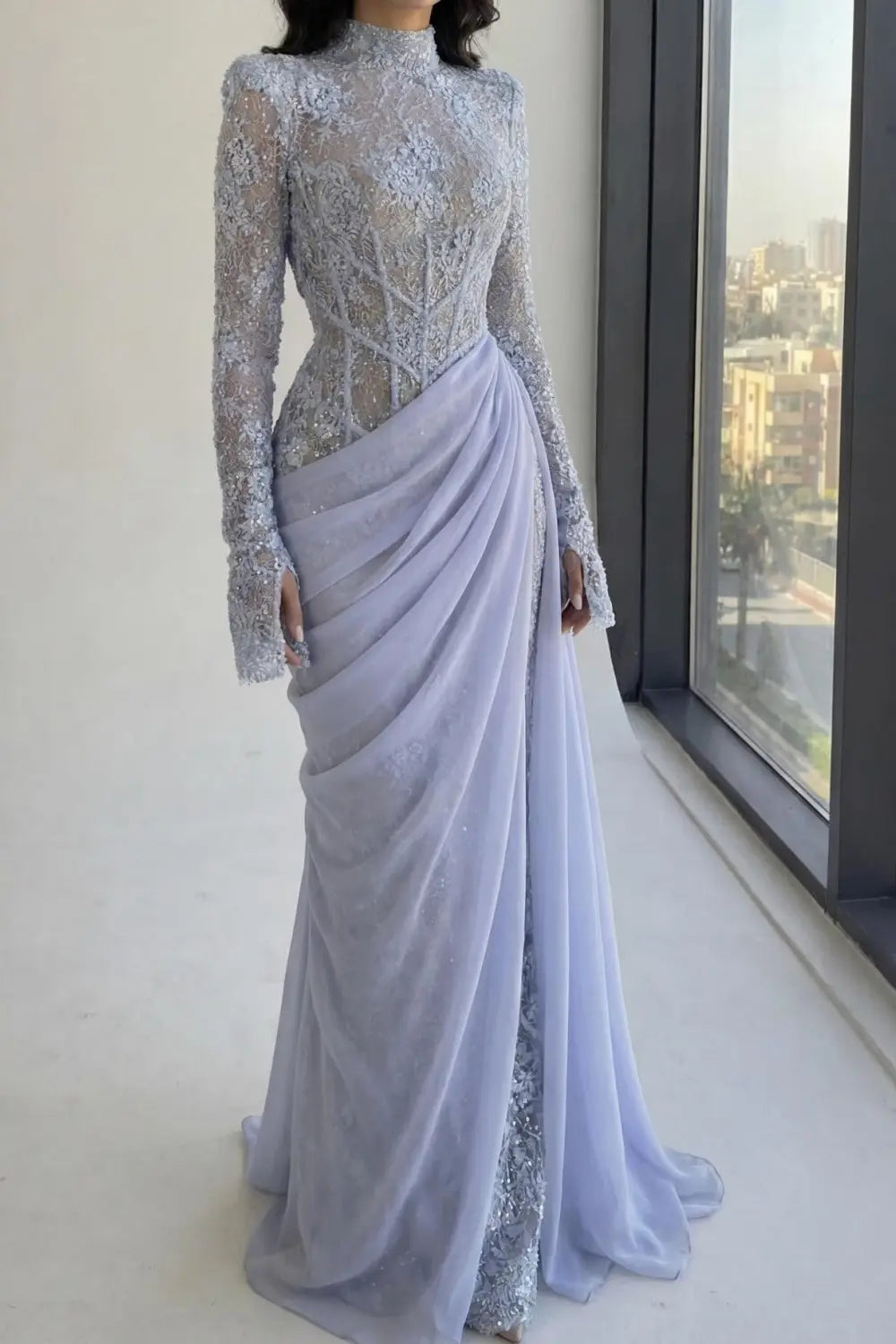 Periwinkle Lace High Neck Long Sleeve Mermaid Violet Evening Dress SF429 Sheer Fairy