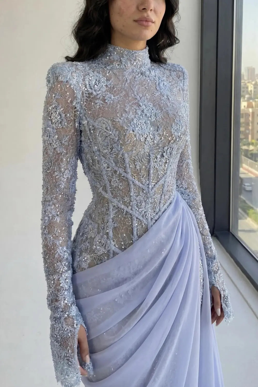 Periwinkle Lace High Neck Long Sleeve Mermaid Violet Evening Dress SF429 Sheer Fairy