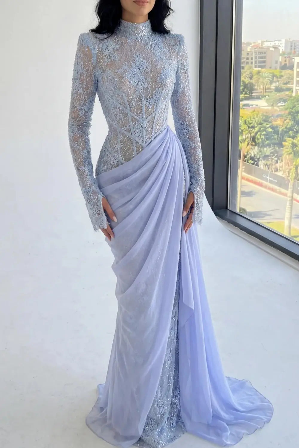 Periwinkle Lace High Neck Long Sleeve Mermaid Violet Evening Dress SF429 Sheer Fairy