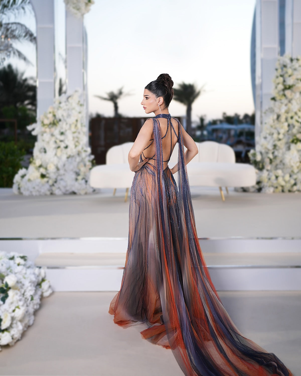Luxury Ombre Purple Orange Beaded Mermaid Evening Dress with Cape SS297 Sheer Fairy