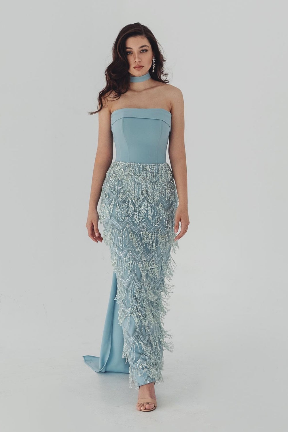Blue Tassel Strapless Evening Dress with Cape Sleeve SS143 Sheer Fairy