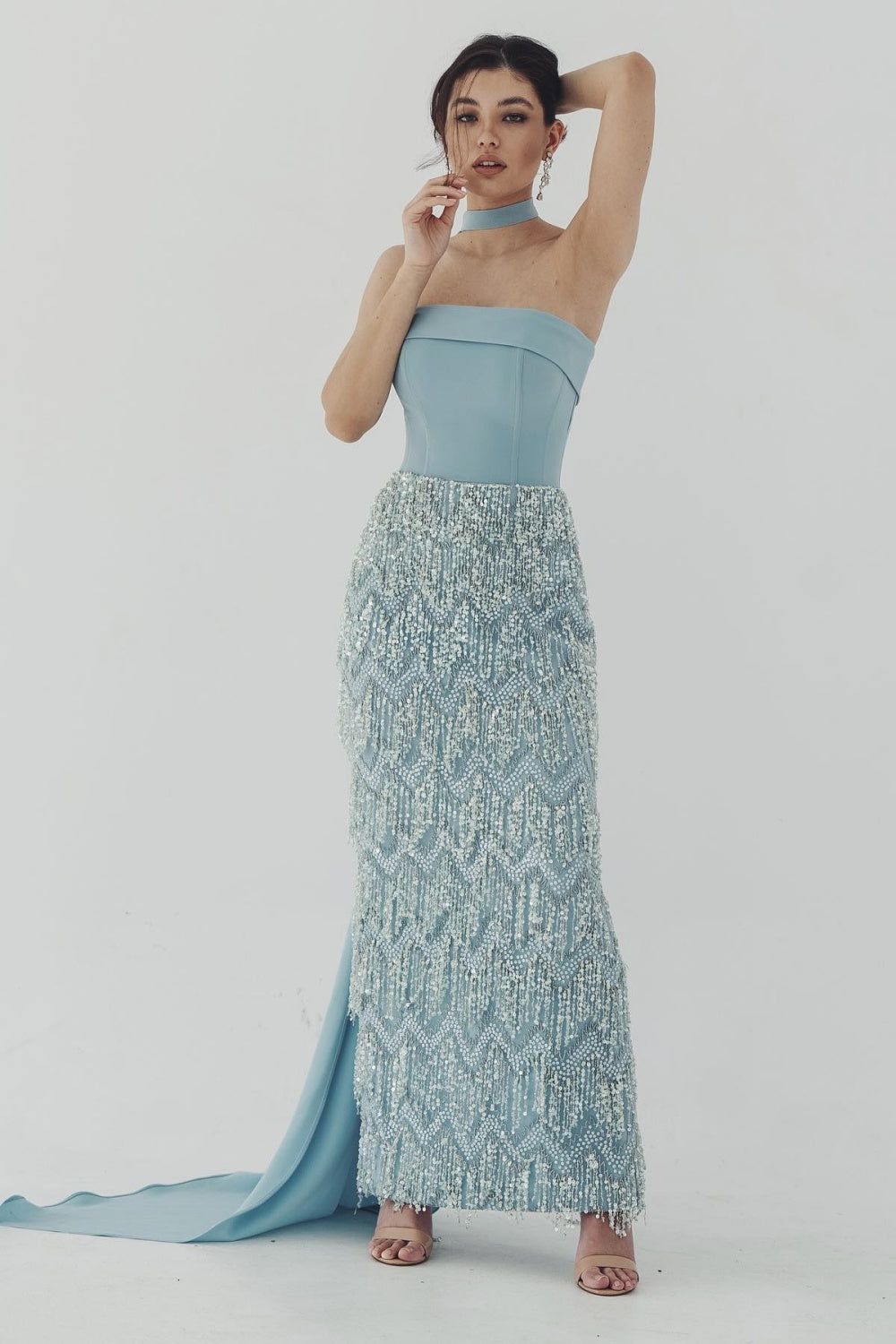 Blue Tassel Strapless Evening Dress with Cape Sleeve SS143 Sheer Fairy