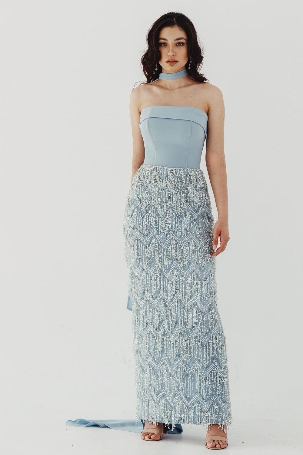 Blue Tassel Strapless Evening Dress with Cape Sleeve SS143 Sheer Fairy