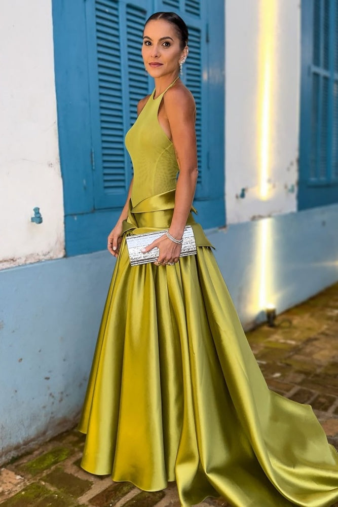 Minimal Olive Green Satin Halter Evening Dress SF148 Sheer Fairy