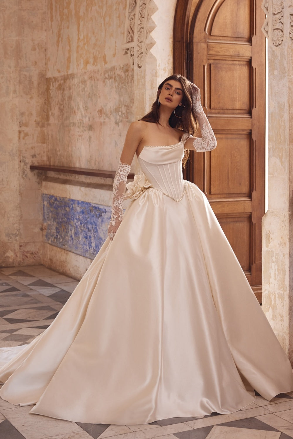 Off Shoulder Ivory Corset Bodice Ball Gown Wedding Dress with Glove SW083 Sheer Fairy