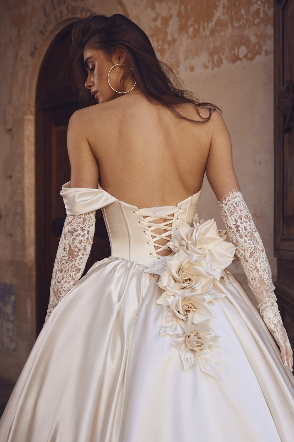 Off Shoulder Ivory Corset Bodice Ball Gown Wedding Dress with Glove SW083 Sheer Fairy