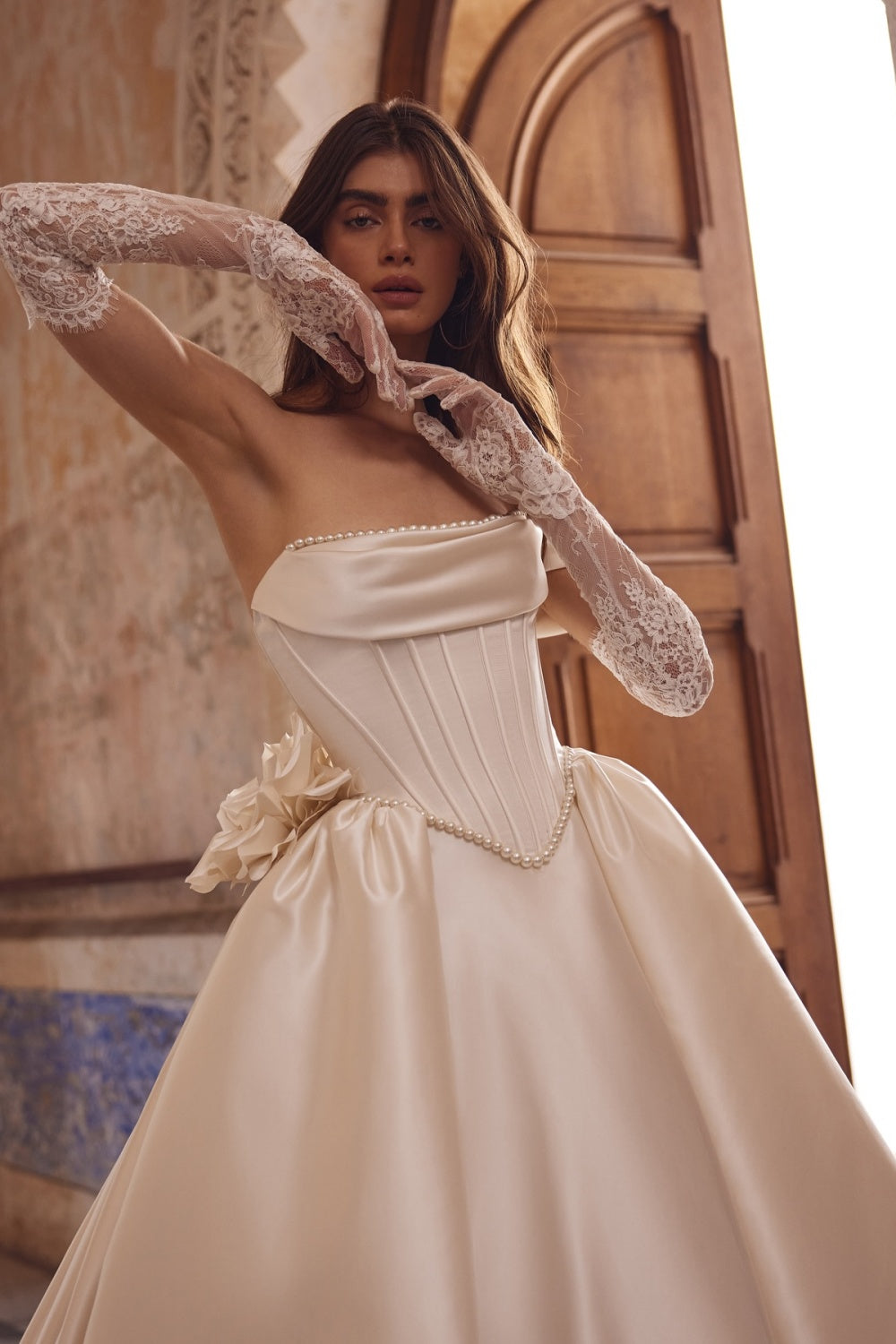 Off Shoulder Ivory Corset Bodice Ball Gown Wedding Dress with Glove SW083 Sheer Fairy