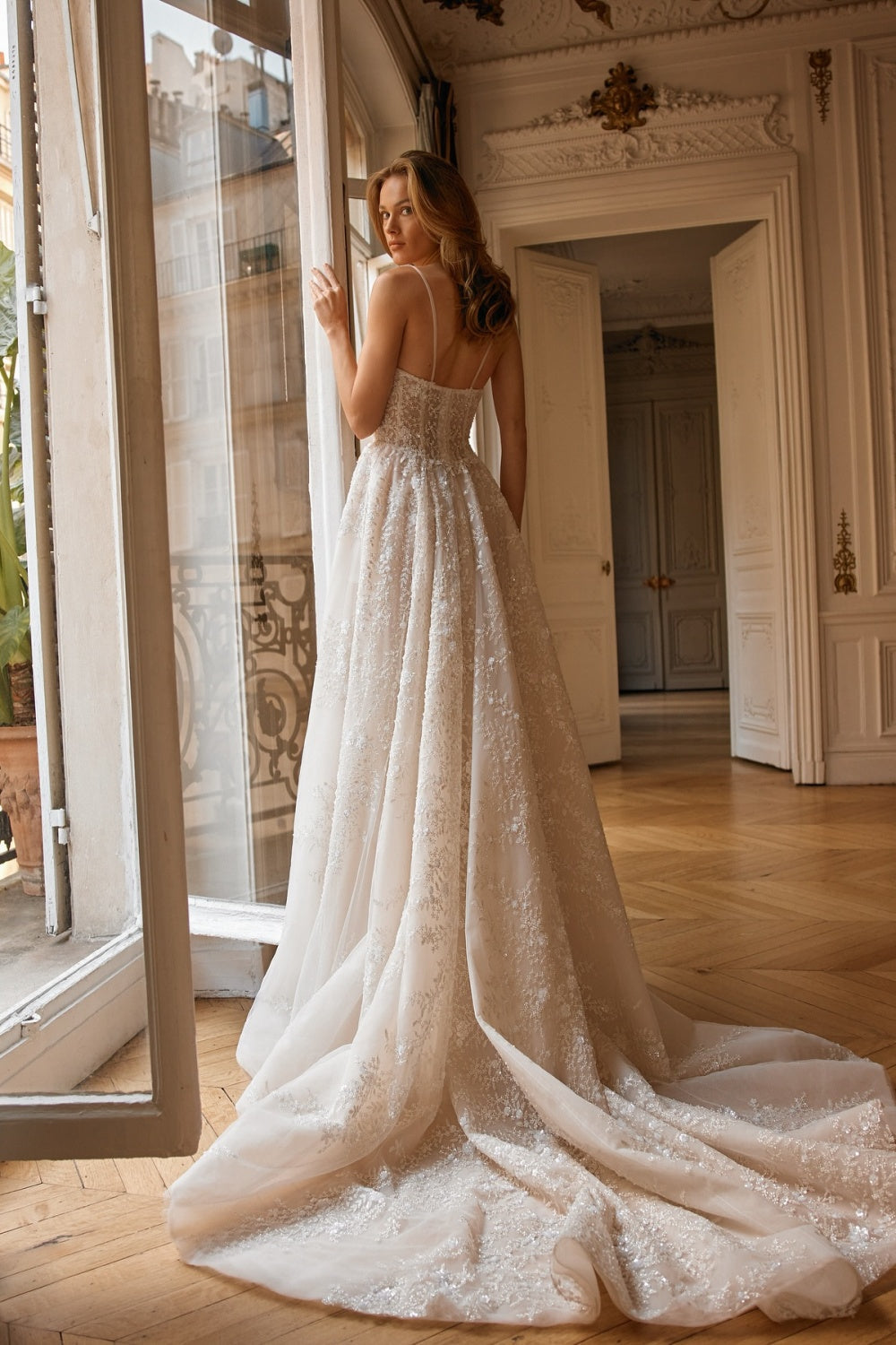 Luxury Romantic Lace Corset A-Line Wedding Dress with Train SW078 Sheer Fairy