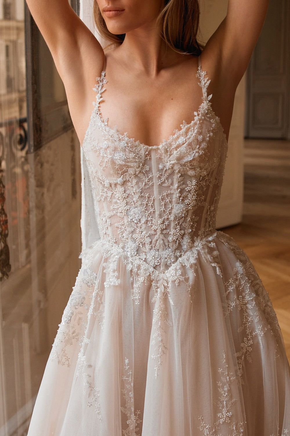 Luxury Romantic Lace Corset A-Line Wedding Dress with Train SW078 Sheer Fairy