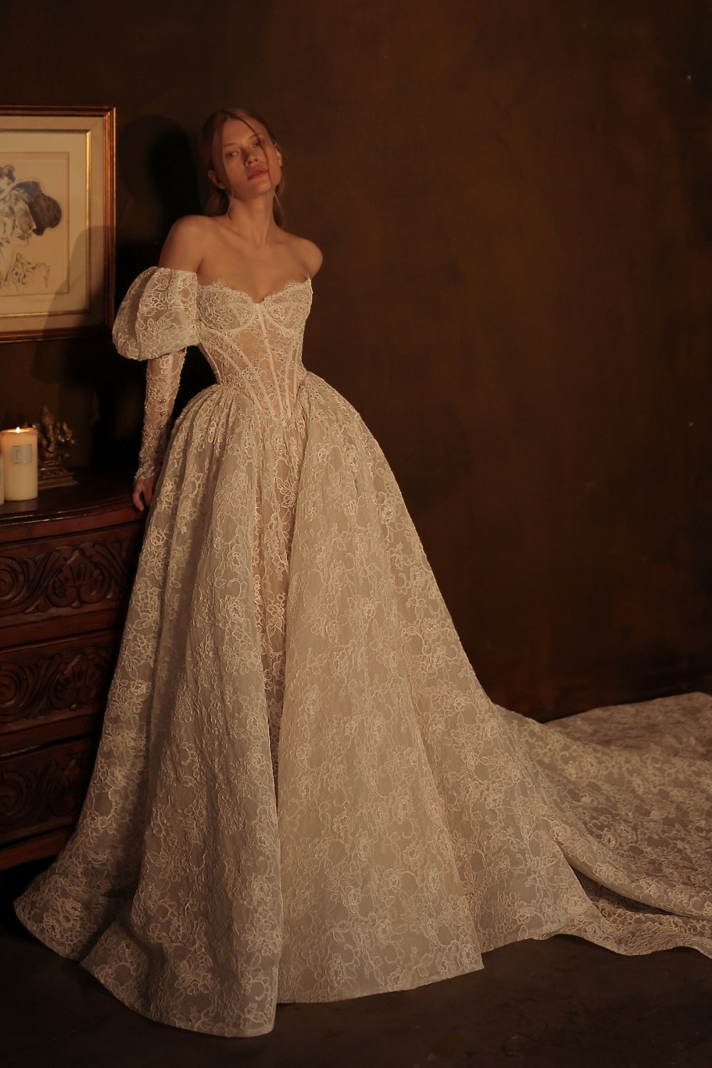 Luxury Off Shoulder Puff Sleeve Lace Ball Gown Wedding Dress SW074 Sheer Fairy