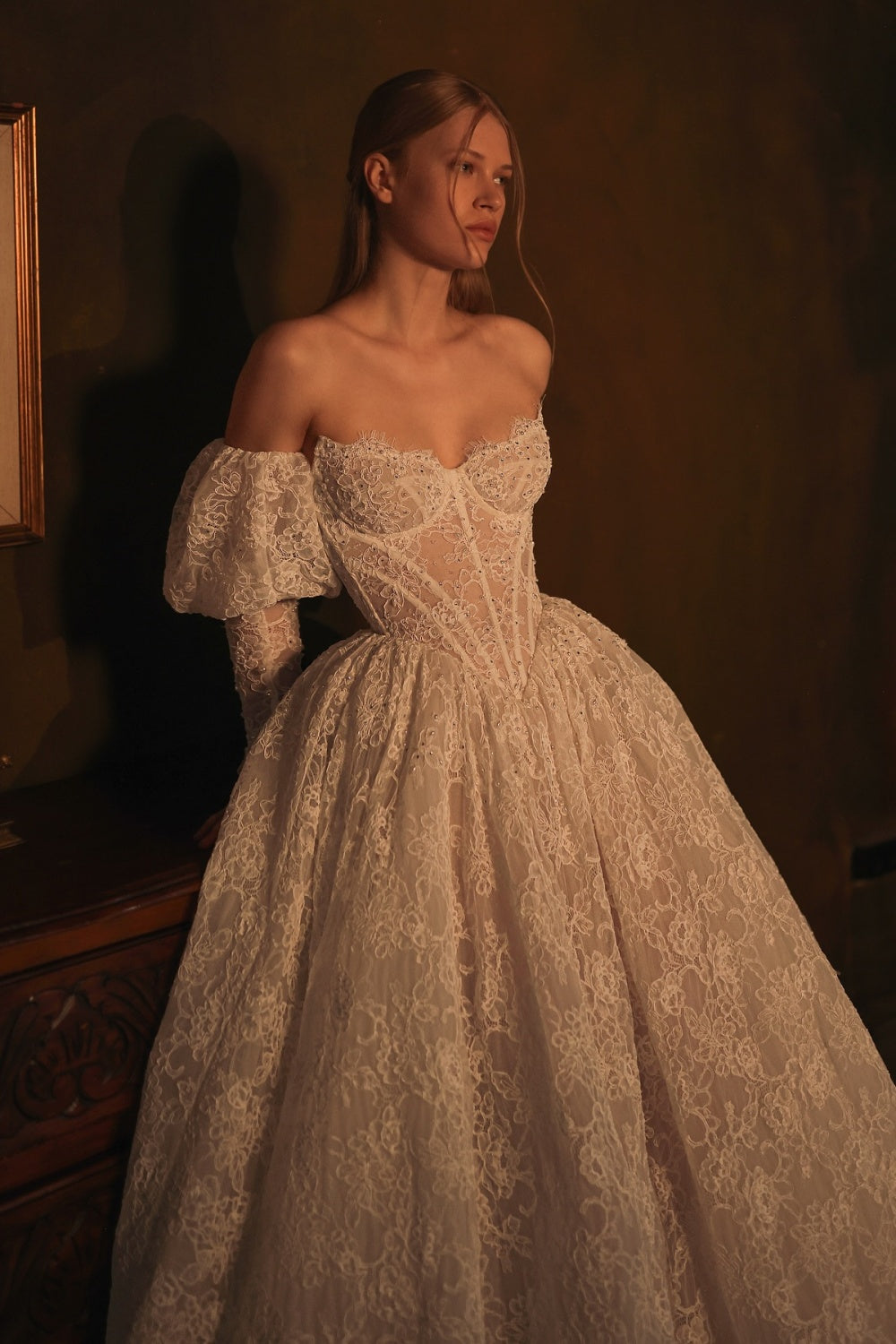 Luxury Off Shoulder Puff Sleeve Lace Ball Gown Wedding Dress SW074 Sheer Fairy