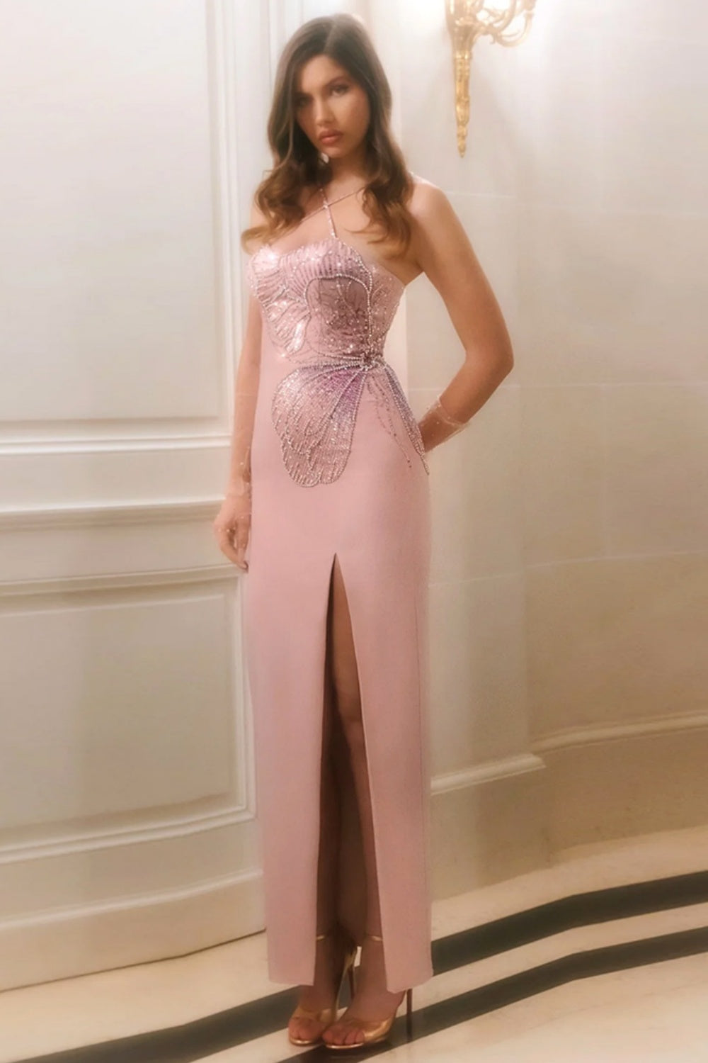 Luxury Pink Butterfly Beaded Evening Dress with Slit SS476 Sheer Fairy