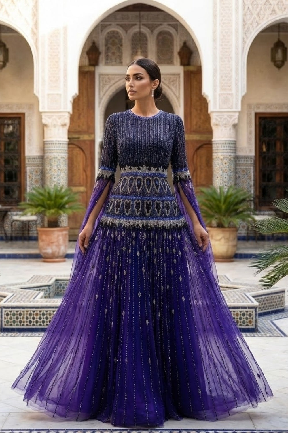 Deep Purple Hand-Beaded Tulle Gown with Cape SS009 Sheer Fairy