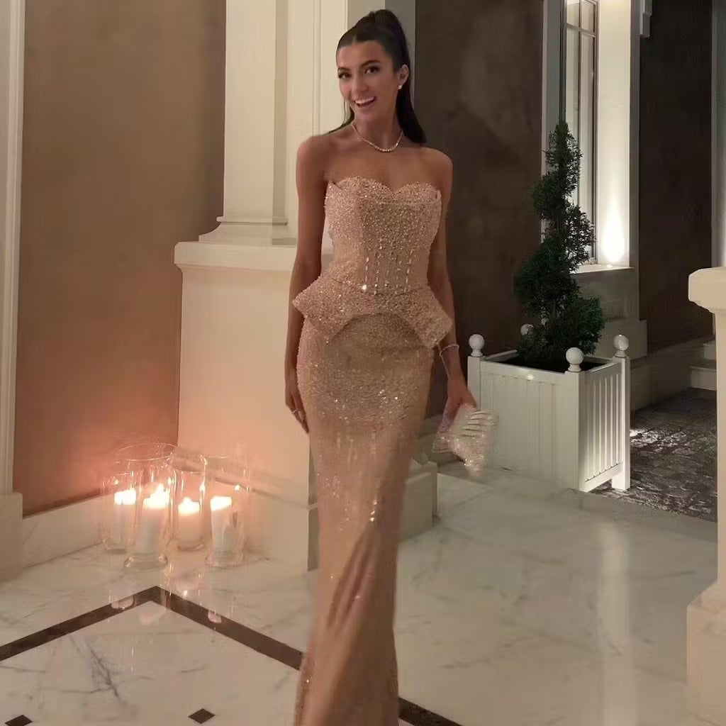 Gold Beaded Off-the-Shoulder Peplum Mermaid Evening Gown with Cape Sleeves & Choker SS558 Sheer Fairy