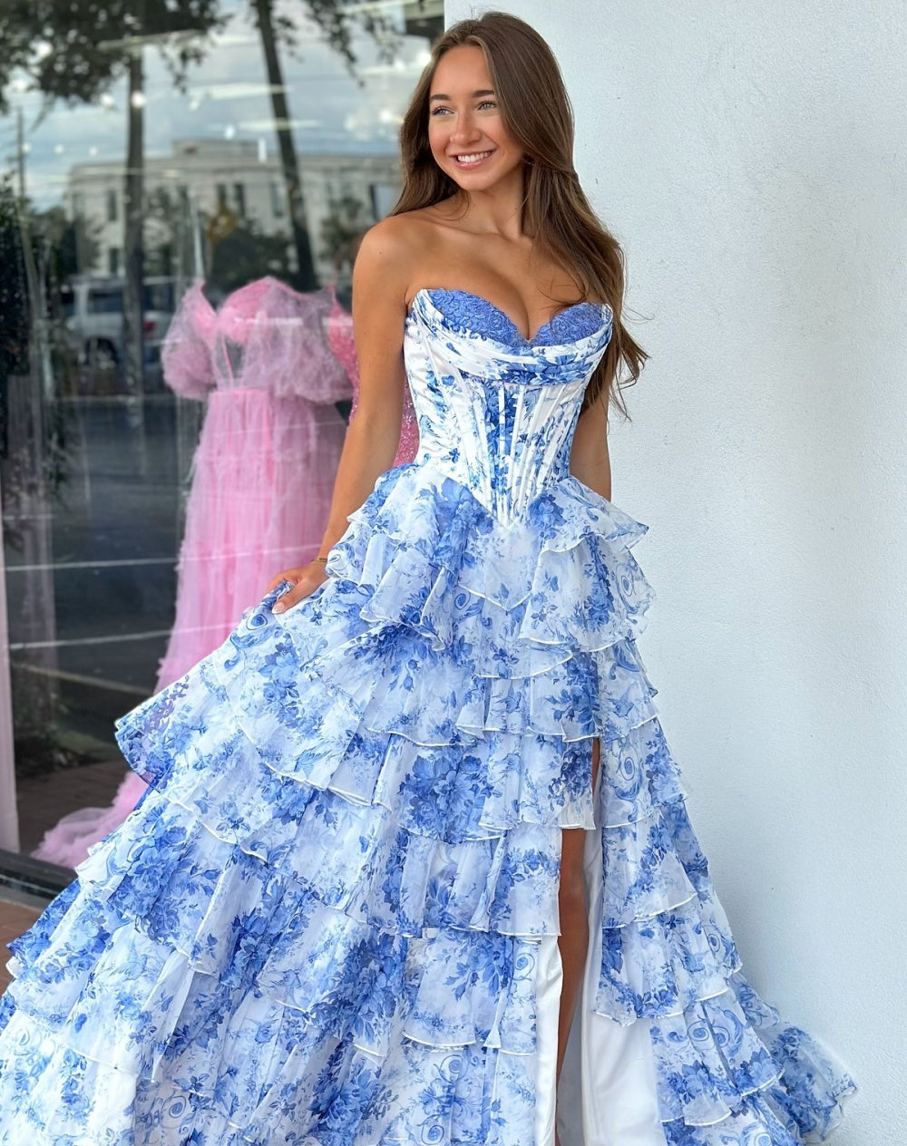 Blue Floral Print Strapless Sweetheart Ballgown Prom Dress SH361 Sheer Fairy