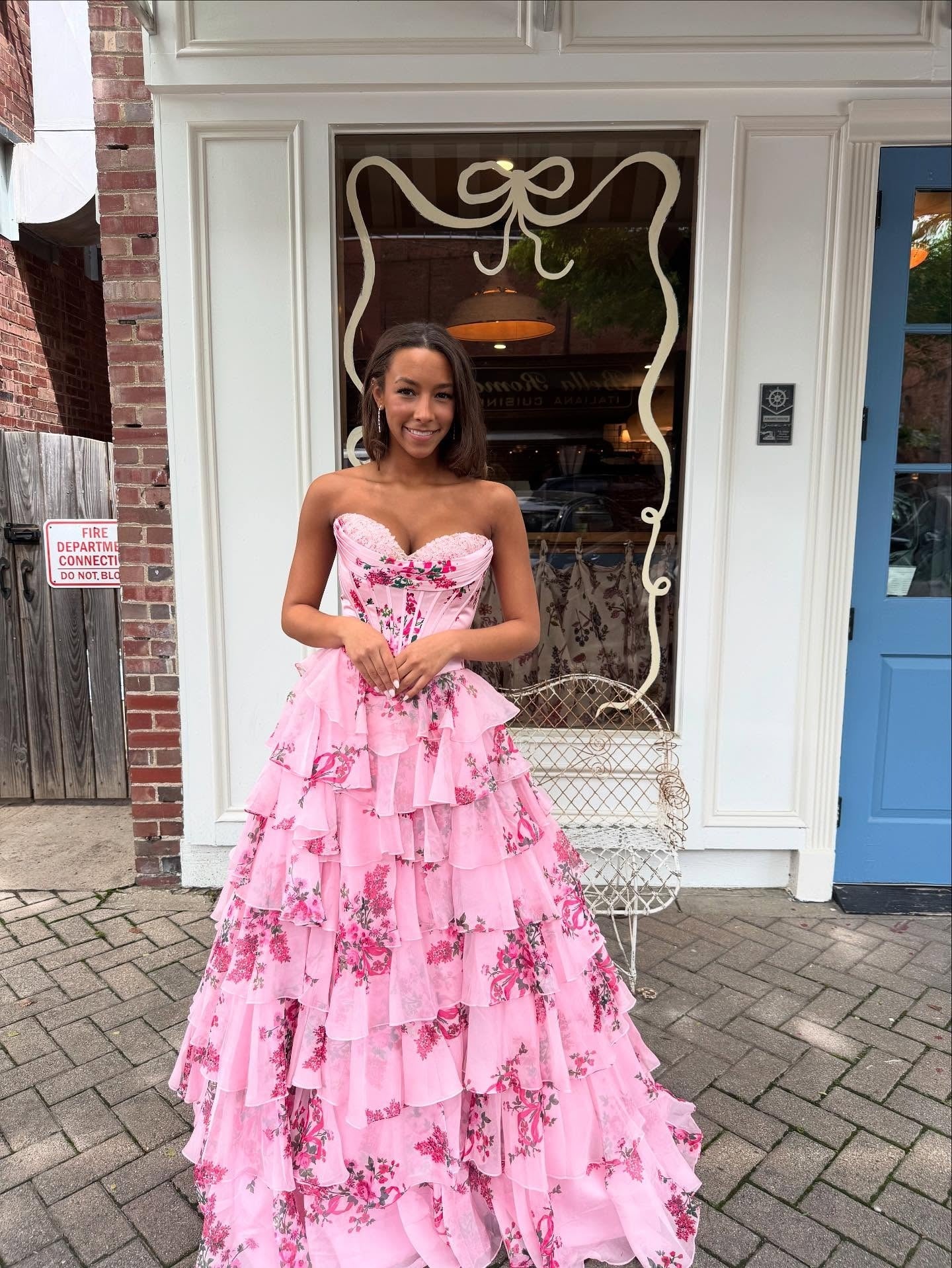 Blue Floral Print Strapless Sweetheart Ballgown Prom Dress SH361 Sheer Fairy