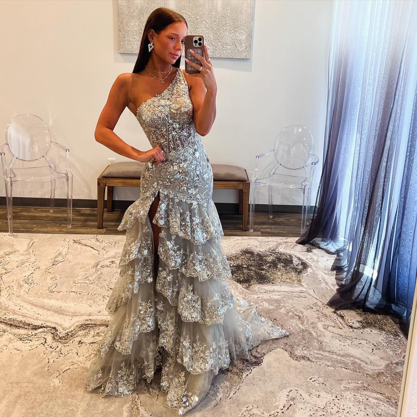 Luxury Silver One-Shoulder Ruffled Lace Evening Dress SH152 - SHEER FAIRY