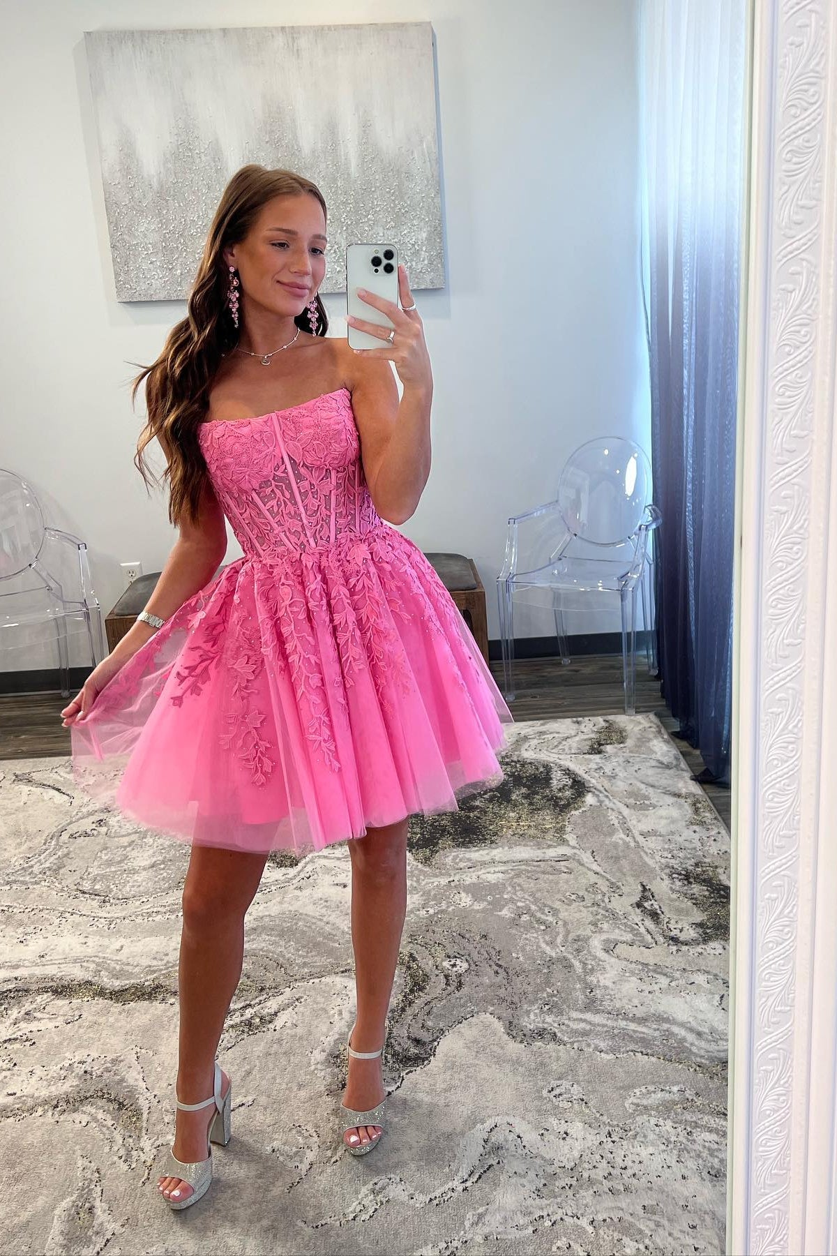 Hot Pink Strapless Lace Ballgown Homecoming Dress RM100