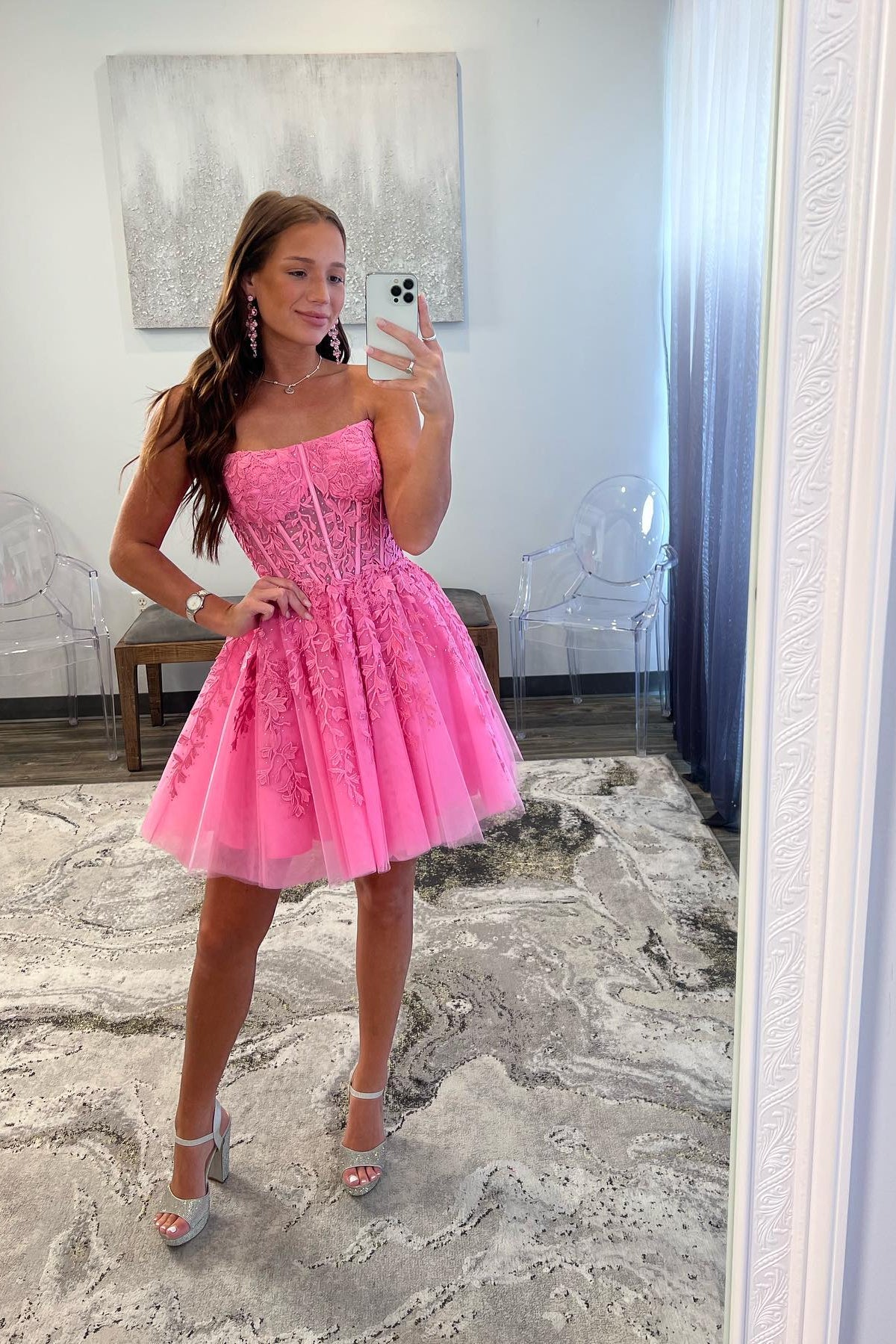 Hot Pink Strapless Lace Ballgown Homecoming Dress RM100