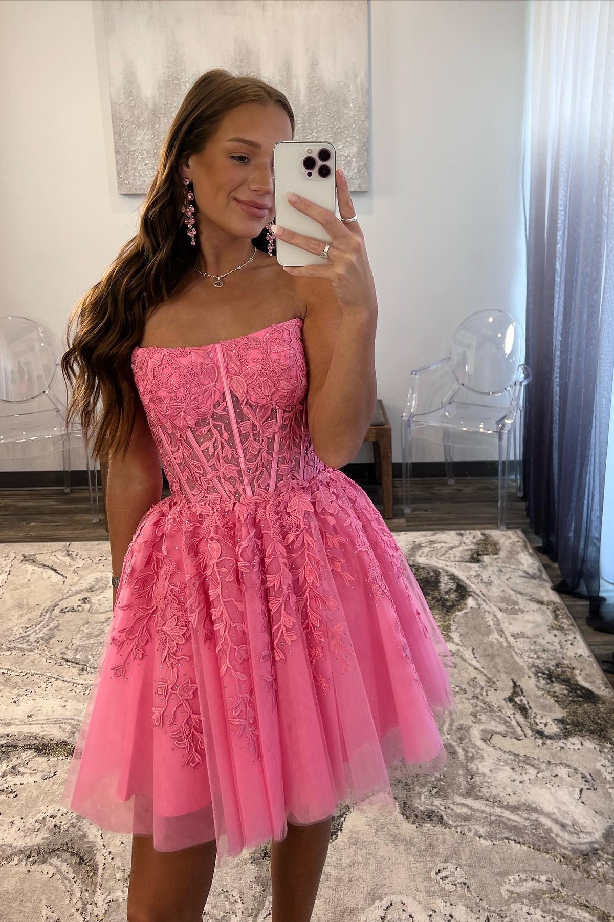 Hot Pink Strapless Lace Ballgown Homecoming Dress RM100