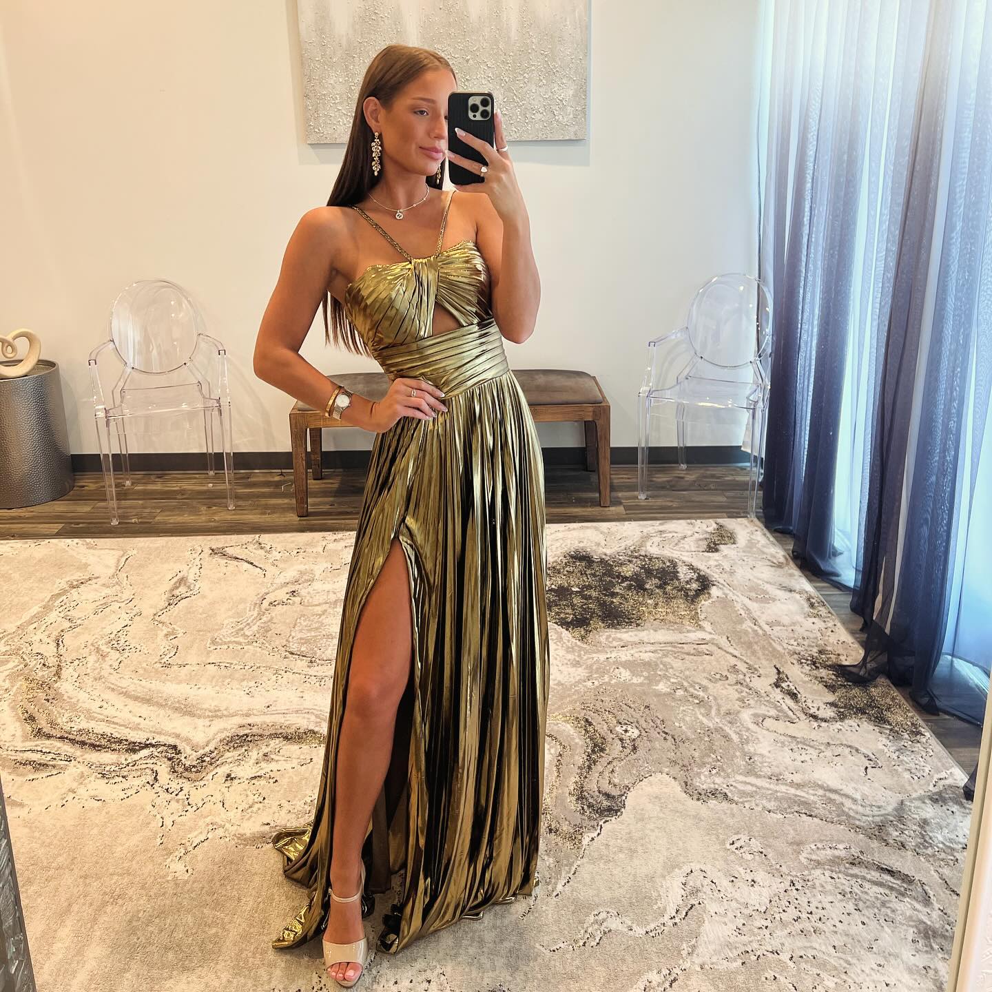 Elegant Gold Metallic Strappy Cutout Sheath Evening Dress SH154 - SHEER FAIRY