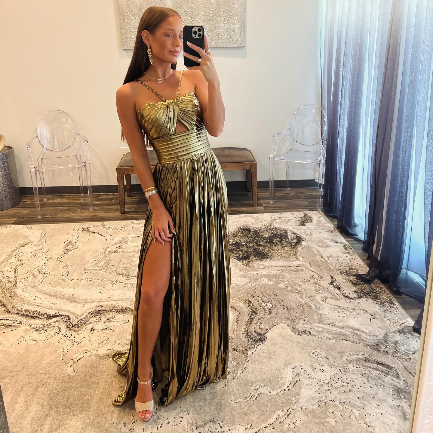 Elegant Gold Metallic Strappy Cutout Sheath Evening Dress SH154 - SHEER FAIRY