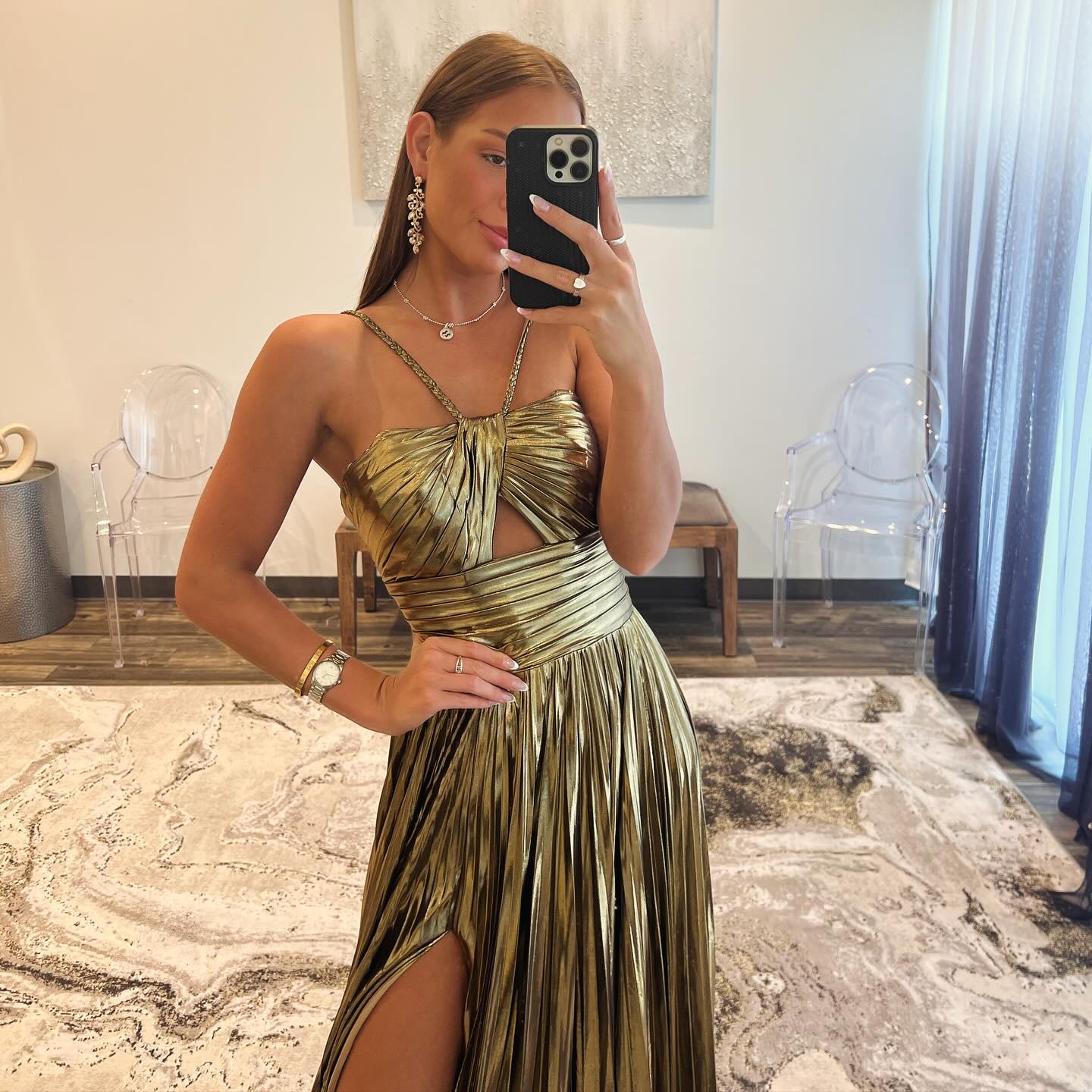 Elegant Gold Metallic Strappy Cutout Sheath Evening Dress SH154 - SHEER FAIRY