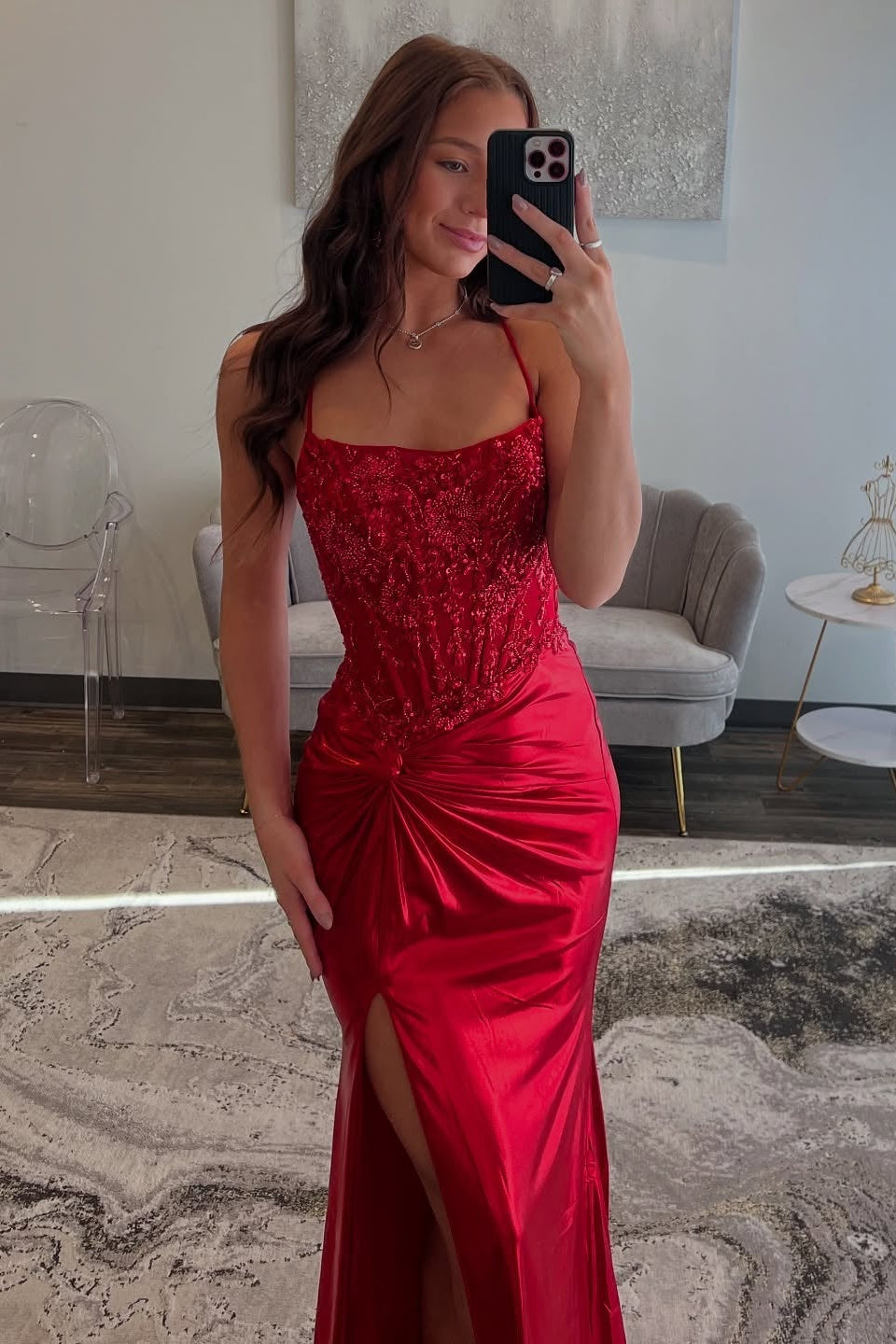 Classic Beaded Red Satin Mermaid Prom Dress SH164