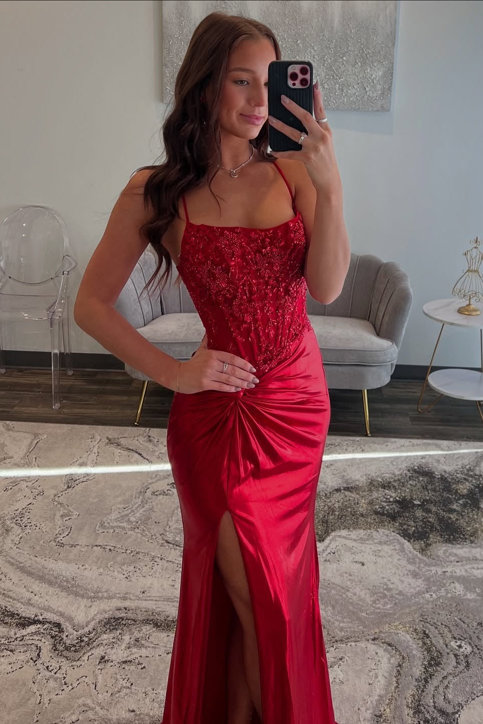 Classic Beaded Red Satin Mermaid Prom Dress SH164