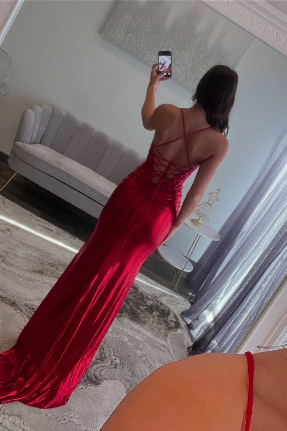 Classic Beaded Red Satin Mermaid Prom Dress SH164