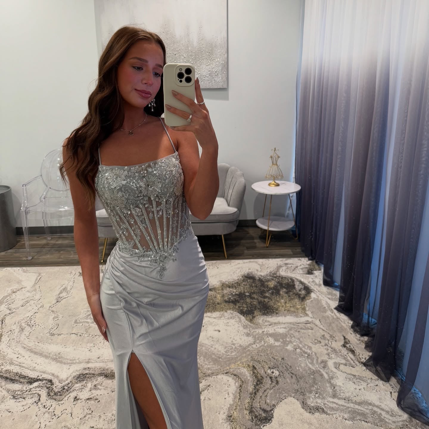 Luxury Silver Satin Mermaid Mermaid Prom Dress SH165