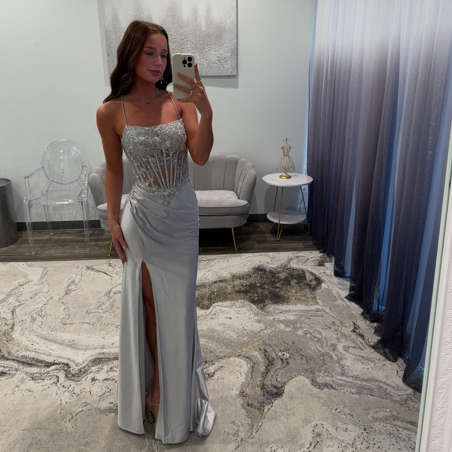 Luxury Silver Satin Mermaid Mermaid Prom Dress SH165