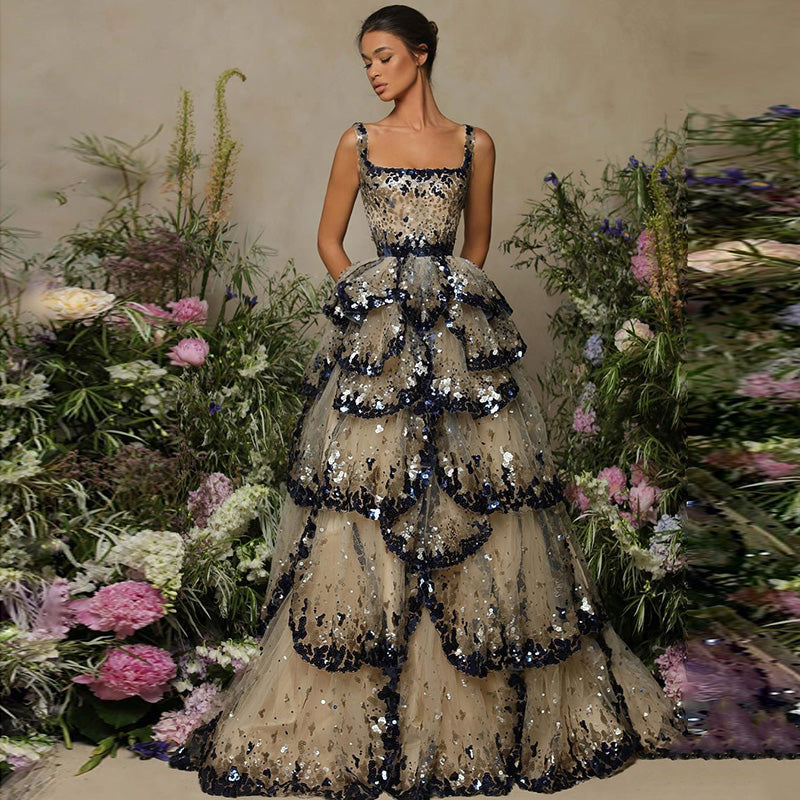 Champagne Silver Sequin Tiered Evening Dress SS243 Sheer Fairy