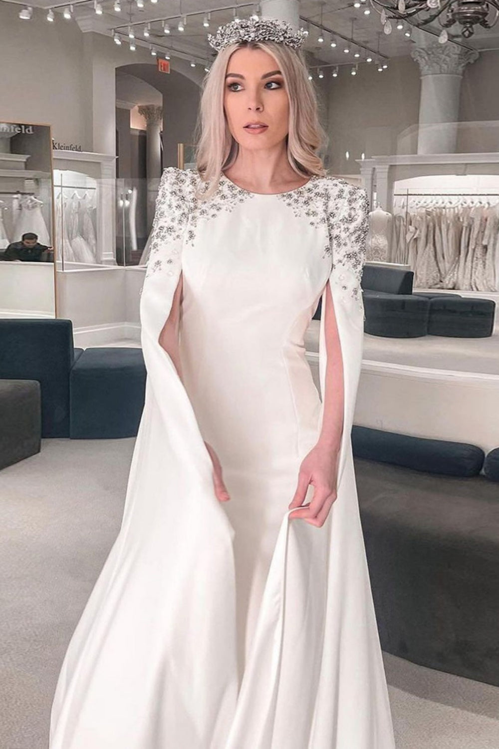 Elegant White Mermaid Evening Dress with Cape Sleeves SF280 Sheer Fairy